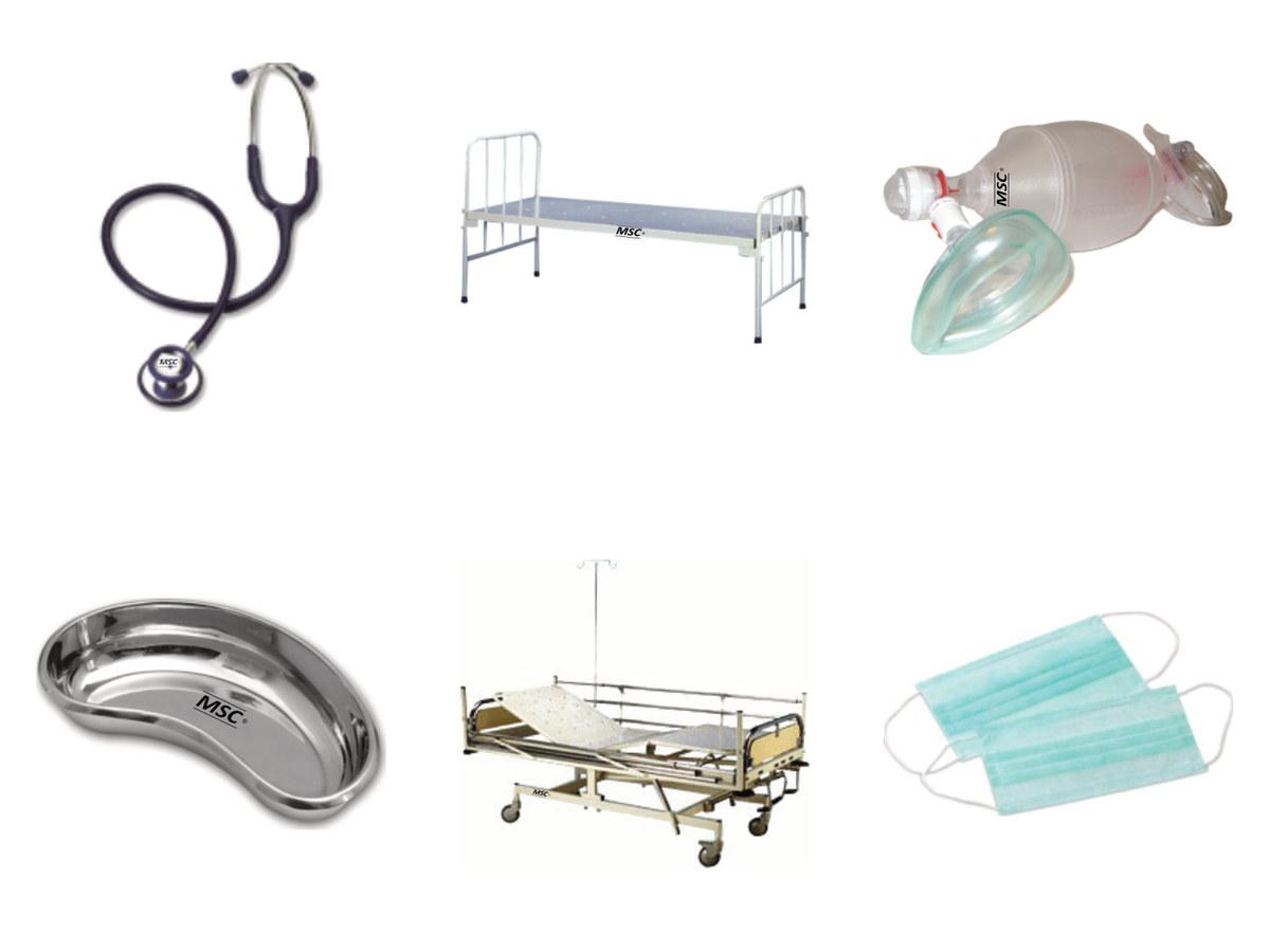 MSC stethoscope, hospital beds, ambu bag, kidney trays and disposables